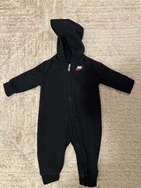 Nike Baby! Black Hooded One-Piece with Red Swoosh